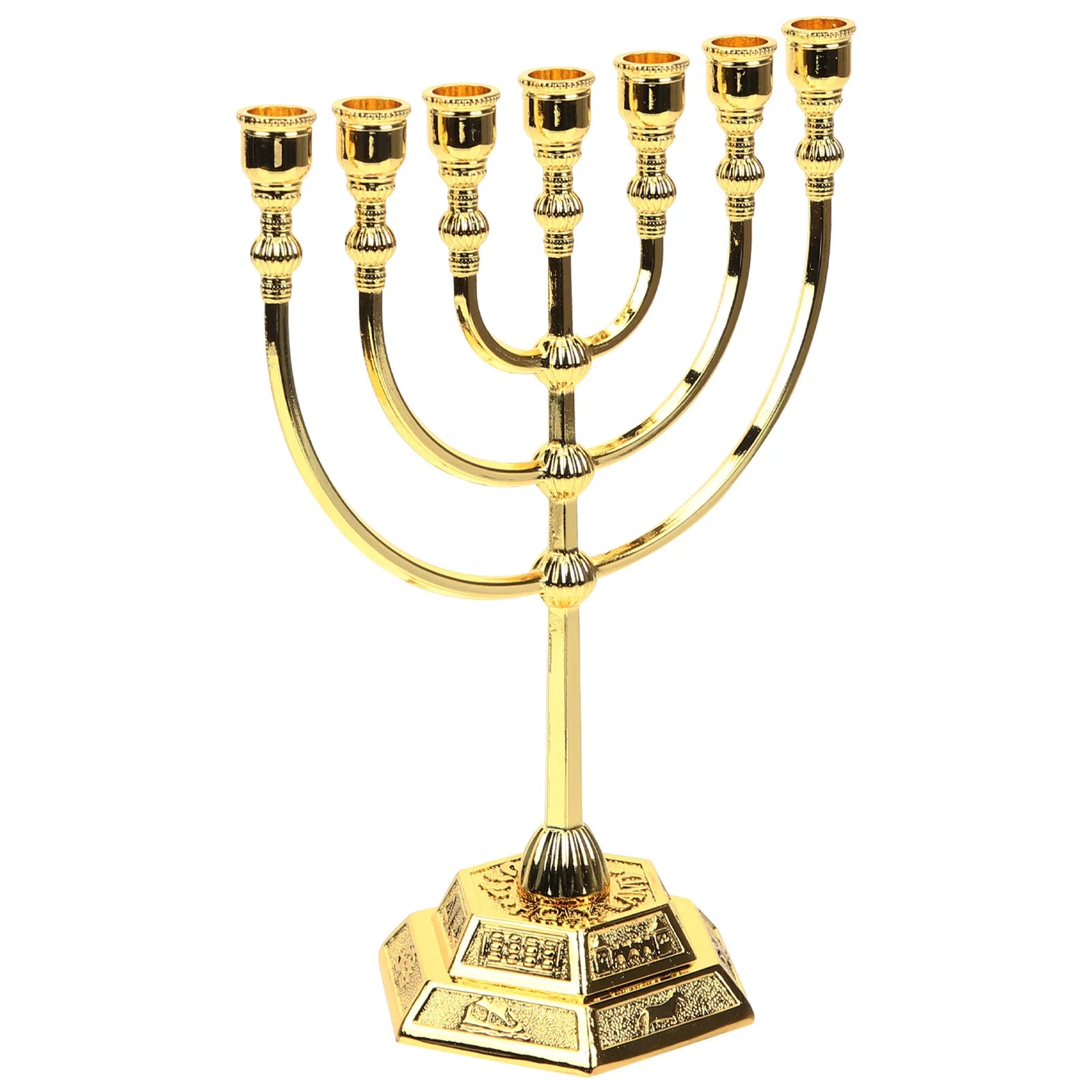 Menorá de siete brazos en latón dorado decorativo, diseño de Jerusalén – 30 cm